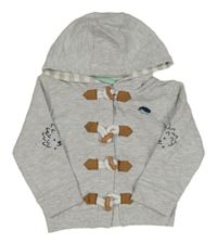 Šedá melírovaná propínací mikina s ježkem a kapucí crafted