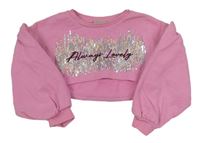 Růžová crop mikina s flitry a nápisem Matalan