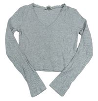 Šedé žebrované crop triko s krajkou H&M