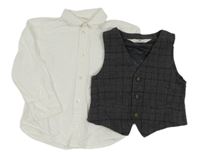 2set - Bílá košile + tmavošedá kostkovaná vesta H&M