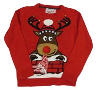 Červený pletený svetr se sobem a rolničkami Rebel