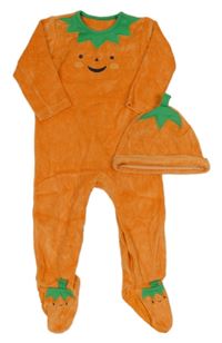 2set - Oranžový sametový overal - dýně + čepice Nutmeg