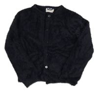 Tmavomodrý chlupatý propínací svetr 