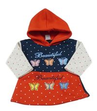 Tmavomodro-červená puntíkatá tepláková tunika s motýly a kapucí 