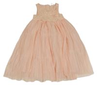 Světlerůžové flitrovo/tylové slavnostní šaty s kytičkami H&M