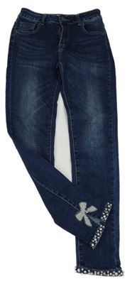 Tmavomodré skinny rifle s korálky a mašlemi Monday 