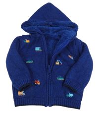 Tmavomodro-černý melírovaný propínací zateplený svetr s auty a kapucí Nutmeg