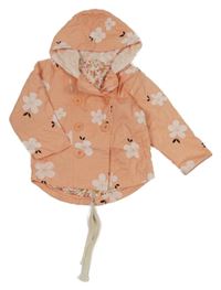 Broskvová plátěná jarní bunda s květy a kapucí 