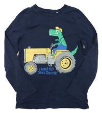 Tmavomodré triko s dinosaurem a traktorem C&A