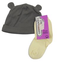 Nové - 2set- Šedá žebrovaná čepice s oušky + žluté ponožky