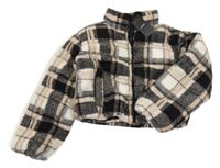 Nové - Černo-broskvovo-bílá kostkovaná huňatá zateplená crop bunda New Look