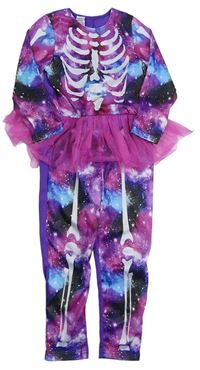 Kostým - Tmavorůžovo-fialovo-azurovo-černý overal s kostmi a galaxií a tylovou sukní