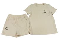 2Set - Světlebéžové sportovní tričko se smajlíkem + kraťasy SHEIN