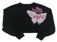 Černá oversize crop mikina s motýlkem s flitry a nápis PRIMARK