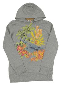 Šedá melírovaná mikina s palmami a sluncem a kapucí S&D