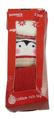 Nové - 3x - Punčocháče - Červené žebrované se třpytkami, světlebéžovo/pruhované se tučňáčkem, bílé s vločkami a vzorem St. Bernard