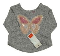 Nové - šedo-bílé melírované úpletové mikinotriko s motýlkem s flitry PRIMARK