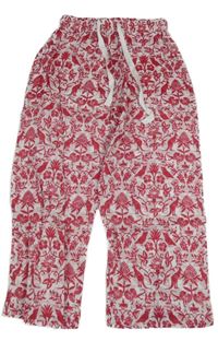 Bílo-malinové lehké kalhoty se zvířátky a kytičkami 