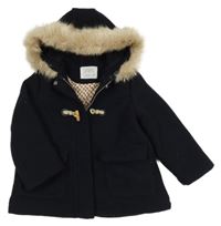 Tmavomodrý vlněný zateplený kabát s kapucí s kožešinou ZARA