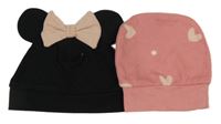 2x - Čepice - Černá s mašlí - Minnie H&M, růžová se srdíčky a puntíky