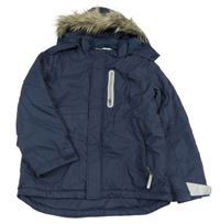 Tmavomodrá šusťáková zimní bunda s odepínací kapucí s kožešinou H&M