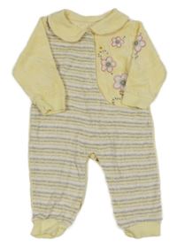 Světležluto-šedo-bílý sametový pruhovaný overal s kytičkami a límečkem