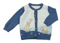 Bílo-světlemodro-tmavomodrý propínací svetr se zvířátky little nutmeg
