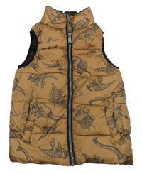 Hnědá prošívaná šusťáková zateplená vesta s dinosaury dopodopo
