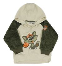 Smetanovo-khaki fleecovo/chlupatá mikina s liškou a kapucí Ergee