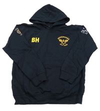 Tmavomodrá mikina s nápisy a žaludem a kapsou a kapucí AWDis