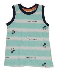 Mátovo-bílo-tmavomodré pruhované/batikované tílko s palmami a nápisy Kids