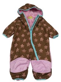 Hnědo-růžová softshellová zateplená kombinéza s hvězdičkami a kapucí impidimpi