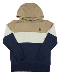 Tmavomodro-světlešedo/hnědá/melírovaná teplá mikina s nášivkou a kapsou a kapucí Next