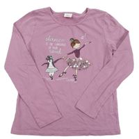 Růžovofialové triko s baletkou a tučňáčkem a nápisy S. Oliver