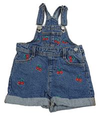 Modré riflové dungaree laclové kraťasy s třešněmi Denim Co.