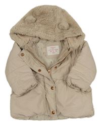 Béžová šusťáková zateplená bunda s chlupatou kapucí zn. F&F