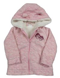 Růžová melírovaná fleecová zateplená propínací mikina s houbami a kapucí Orsolino