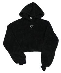 Černá chlupatá crop mikina se srdcem a kapucí Shein