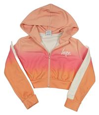 Růžovo-meruňková ombré sportovní propínací crop mikina s kapucí Hype