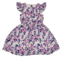 Bílo-růžovo-modré květované šifonové šaty s volánky C&A