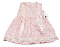 Nové - Růžovo-bílé kostkované bavlněné šaty s krajkou