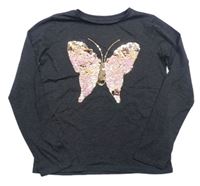 Tmavošedé triko s motýlem z flitrů Primark