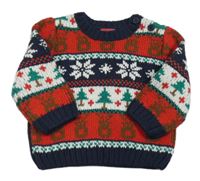 Tmavomodo-červeno-bílý vánoční vzorovaný svetr 