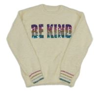 Smetanový chlupatý svetr s nápisem z flitrů Dunnes 