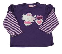 Fialové triko s pruhovanými rukávy a Hello Kitty 