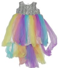 Bílo-barevné tylové slavnostní šaty s flitry s páskem 