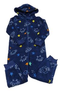 Tmavomodrá chlupatá kombinéza s vesmírem a kapucí Matalan