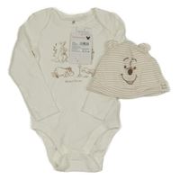 Nové - 2 set - bílé body s Púem + pruhovaná čepice Disney