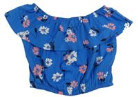Modrý květovaný crop top s volánkem New Look