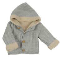 Šedý propínací zateplený svetr s kapucí 